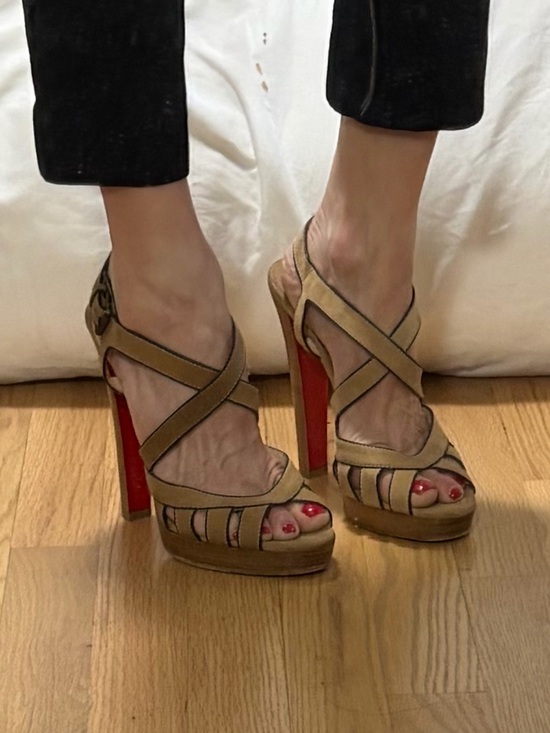 Christian Louboutin Shoes - Christian Louboutin Tan Suede Platform Sandals with Red Heels